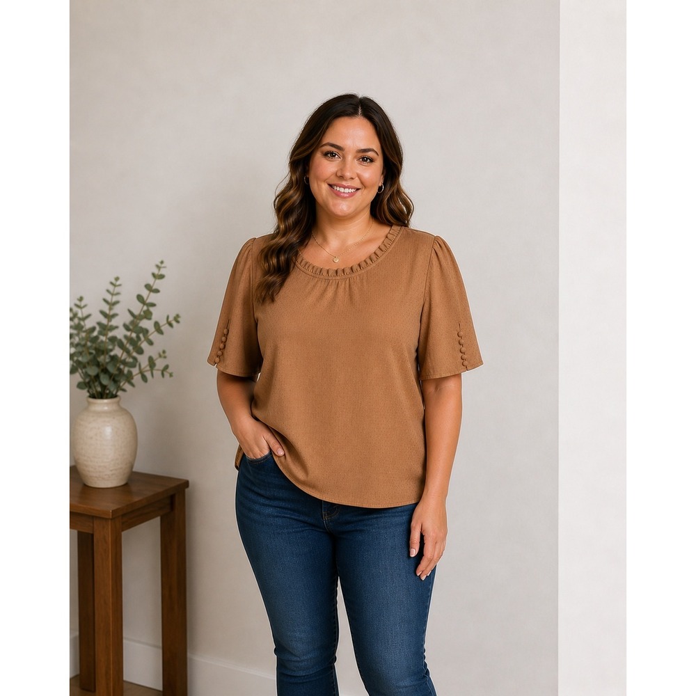 Calvin Klein Womens Caramel Brown Ruffle Neck Puff Sleeve Blouse PL Petite Large